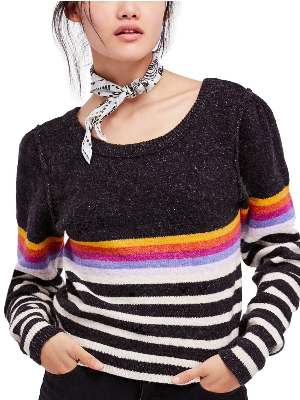 Free People Complete Me Pullover Sweater Black Rainbow Stripe Alpaca X-Small